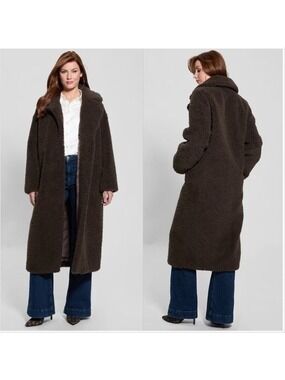 Guess Womens Eco Alina Teddy Longline Coat Brown XS Winter Coat